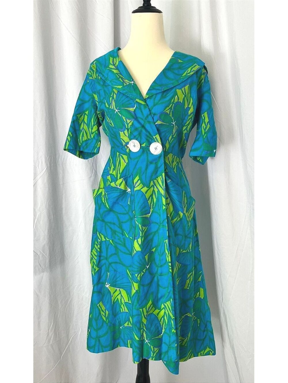 Vibrant Handmade Blue Green Leaf Print Midi Dress | SML